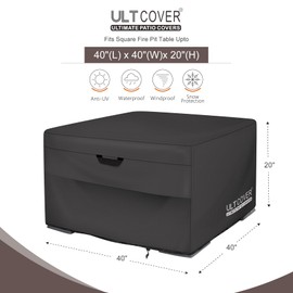 ULTCOVER Patio Fire Pit Table Cover Square 40 inch Outdoor Waterproof Fire Bowl Cover, Black