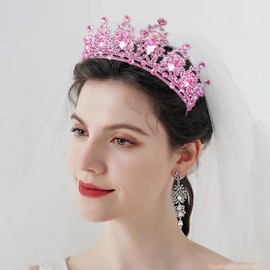 JOYRUBY Pink Crystal Crown Tiara for Women and Girls - Princess Mermaid Queen Tiara With Comb for Wedding, Birthday, Homecoming, Prom, Pageant