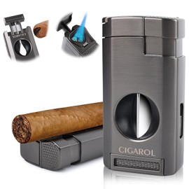 CIGAROL Feuerzeug, 3 in 1 Sturmfeuerzeug mit Zigarrenschneider V, 3 Jet Flamme Zigarrenfeuerzeug mit Geschenkbox, Tolle Geschenke für Männer (Kein Gas)