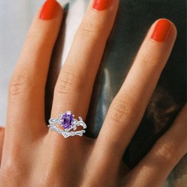 Oval Shaped Amethyst Engagement Ring Set for Women 925 Sterling Silver Amethyst Vine Leaf Rings Unique Bridal Gifts Size 8