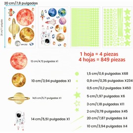 Estrellas Fluorescentes para Techo, 849 pzas Reutilizables y Autoadhesivas, Estrellas que brillan en la oscuridad, Kit de Planetas y Astronauta, Decoración de cuarto espacio para Recámara