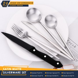Stapava 24 Pieces Matte Silverware Set with Steak Knives, Stainless Steel Flatware Cutlery Set for 4, Kitchen Utensil Set Include Spoons Forks Knives, Satin Finished Polished, Dishwasher Safe