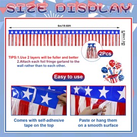 2 Strings Total 39.4 ft Patriotic Tinsel Garland – Each 19.7ft Red White and Blue Stars Fringe Garland for 4th of July, Memorial Day, Parade Float, and Party Decorations