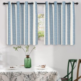 DriftAway Chris Linen Blackout Curtains with Thermal and Sound Reducing Layer 36 Inches Long for Bedroom Striped Printed Drapes Thermal Insulated Lined Window Treatments for Living Room Jean Navy