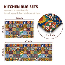 Tritard Boho Kitchen Mats for Floor 2 Pcs Colorful Ceramic Kitchen Rugs Non-Skid Waterproof Anti Fatigue Mats for Kitchen Floor PVC Kitchen Floor Mat for Sink,Laundry,Office,17.3x28+17.3x47 Inch