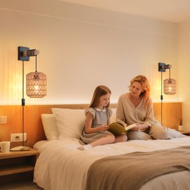 CAFULAM Rustic Wall Sconces Fixtures with Plug in Cord, Set of Two Indoor Vintage Rattan Wall Light Industrial Lamp Fixture Farmhouse Metal Sconces Light for Bedroom Bedside Living Room