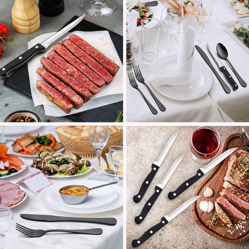 LIANYU 36-Piece Black Silverware Set with Steak Knives, Stainless Steel