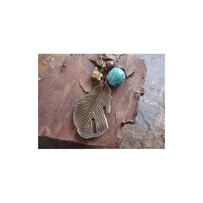 ✿ Blatt, Vogel & Howlite - lange Kette ✿ bronze