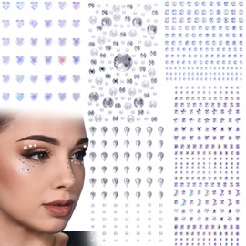 YALOJE 6 Sheets Star Face Gems Stickers, Adhesive Round Waterdrop Facial Rhinestones Jewels, Moon Heart Decorative Body Makeup Crystals for Women Parties, Eyes, Nails - Colorful