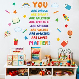 Inspirational Kids Room Wall Decal Set, Colorful Educational Motivational Quotes, Rainbow School Classroom Decorations with Stars and Clouds (Inspirational)