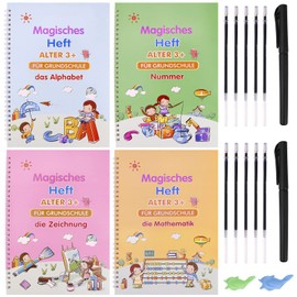 Winthai Pack of 4 German Magic Exercise Book with 12 Pens, Groove Calligraphy Reusable Handwriting Drawing for Children Calligraphy Numbers Drawing Letters