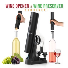 GenieX 6-1 Electric Wine Opener Set with Charging Base, Automatic Wine Opener & Wine Preserver COMBINED | Electric Corkscrew Bottle Opener at BOTTOM + Touch Control Wine Saver at TOP - Cool Wine Gifts