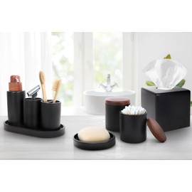 9-Piece Bathroom Accessories Set with Elegant Wood Lids – Bathroom Soap Dispenser Tumbler Toothbrush Holder 2 Storage Jars Tumbler Tissue Box Cover Tray Soap Dish (Black)