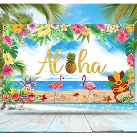 73X43Inch Luau Backdrop Hawaiian Backdrop for Party Decorations Aloha Backdrop for Photography with Tiki Tropical Palm Leaves Flower Beach Ocean Background Supplies Photoshoot Banner Photo Booth