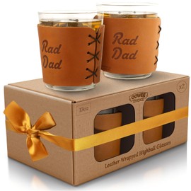 Oowee Genuine Leather Sleeve & Highball Glasses - Set of 2 | 13oz Tom Collins & High Ball Glasses Set| Great Gift for Men - Sleeve Made in the USA - Rad Dad