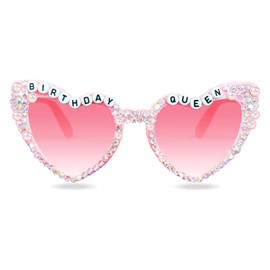 RJFUJP Birthday Glasses, Birthday Party Glasses Birthday Girl Sunglasses Pink Heart Shaped Shiny Bling Diamond Pearl Queen Sunglasses for Women Girl Birthday Party Gift Supplies Accessories Favors