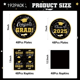 Graduation Party Supplies Kit Serves 50 - Graduation Party Black Class of 2025 Tableware Disposable Dinner Plates Dessert Plates and Napkins for Congrats Grad Party Decorations