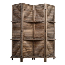Proman Products Rancho Shelf 4 Panel Room Divider FS17191, Folding Screen, Privacy Screen, Room Partition, Paulownia Wood, (Max Extend with Shelves) 47" W x 11" D x 67" H, Rustic Brown