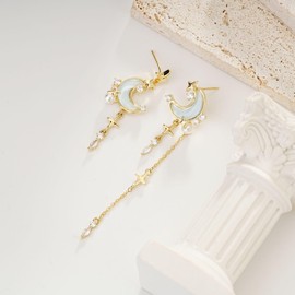 Sixfox Moon Star Dangle Earrings 14K Gold Plated Earrings for Women Gold Drop Earrings 14K Gold Dainty Drop Gift for Her