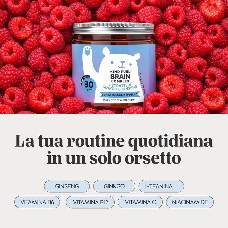 Gummies Concentrazione & Vitalità – Ginseng, Ginkgo, L-Teanina, Vitamine B6,