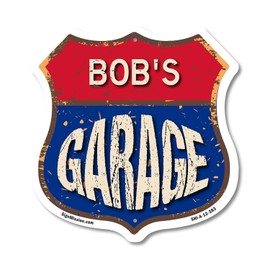Bob's Garage 12 inch X 12 inch Shield-Shaped Rust-Free Aluminum Metal Sign Weather Resistant, UV Protected To last, Gift for Dads and Uncles Classic Americana Crafted in the USA