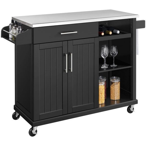 Yaheetech Kitchen Cart with Stainless Steel Top and Storage Cabinet, Kitchen Island on Wheels with Drawer & Open Shelves & Wine Rack & Spice Rack, 18" D x 51" W x 36" H, Black