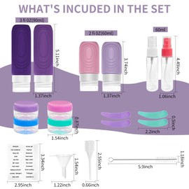Juego 17 Botellas De Viaje De Silicona, KEVOSOK Botellas de viaje para artículos de tocador, 3oz Tsa Aprobado Tamaño de viaje Contenedores, Sin Bpa, Accesorios De Viaje Recargables