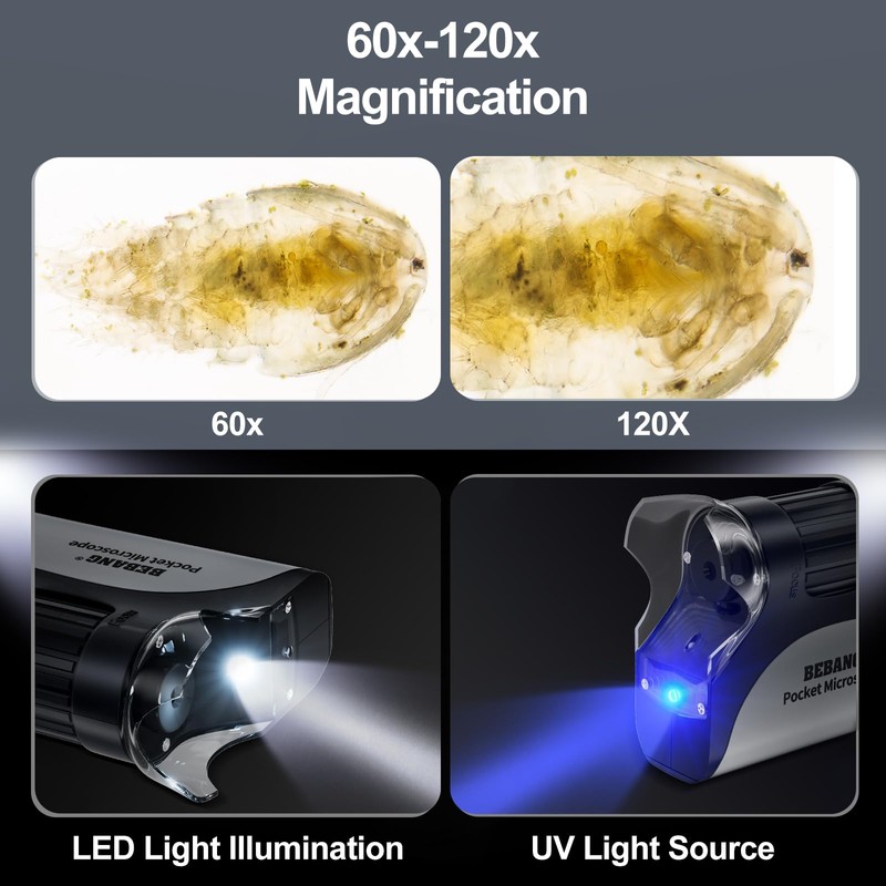 BEBANG 60x-120x Pocket Microscope, Handheld Mini Microscope for Kids with