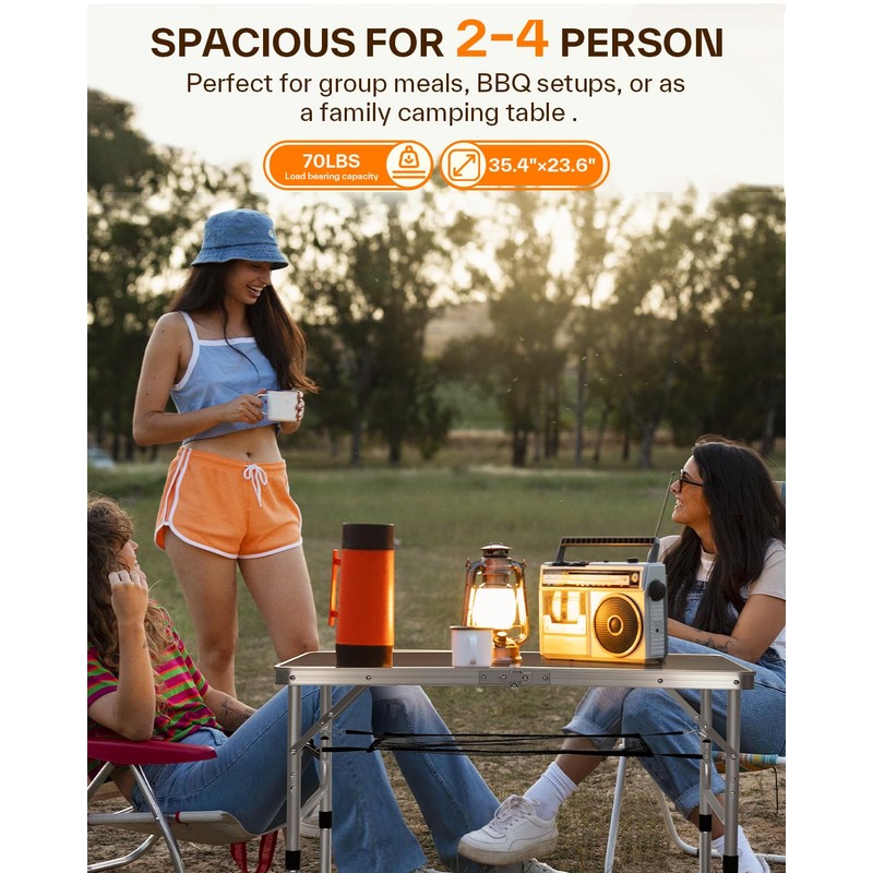 Sportneer Folding Table: Adjustable Height Camping Essentials 35.4" L x