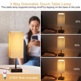 Sailstar Touch Bedside Lamp for Bedroom Set of 2, 3 Way Dimmable Table Lamp with USB C+A Charging Ports, Small Nightand Lamps for Bedroom Decor, Living Room, Home, LED Bulbs Included, Upgraded Beige