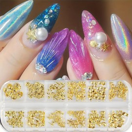 12 Grids Summer Beach Nail Charms 3D Gold Seashell Starfish Seahorse Jellyfish Sun Flowers Nail Studs Summer Ocean Theme Alloy Charms for Acrylic Nails Women Manicure Supplies Decorations DIY Craft