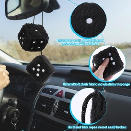 Fuzzy Dice for Car Mirror, Pair of Retro 2.75” Fuzzy Dice for Rear View Mirror with White Dots for Car Interior Hanging Ornament Decoration (Black)