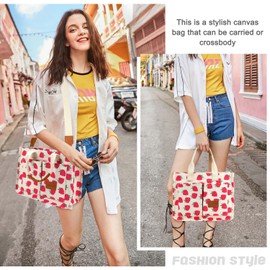 Canvas Tote Bag for Women with Pockets Crossbody Bag Tote Shoulder Handbags Casual Work Bags Everything Tote Bag (Strawberry)
