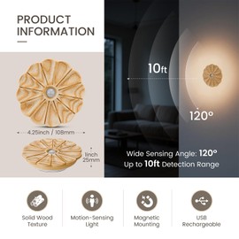 Vadifula Motion Sensor Night Light Wooden Carved Flower USB Rechargeable Stick-On Step Lights Magnetic Wall Lights for Hallway Bedroom Living Room Stair (2 Pack Ash Wood)