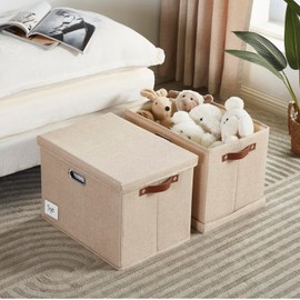 Roobyl 17" Large Collapsible Storage Bins with Lids, Stackable Closet Organizers with PU Handle and Labels, 3-Pack Decorative Fabric Storage Boxes for Home, Bedroom, Closet, Office, Nursery(Khaki)