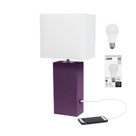 Elegant Designs LT1053-EGP-LB Modern Leather Wrapped Table Lamp with USB Port for Living Room, Hallway, Entryway, Bedroom, Office, Eggplant Purple, with Feit LED Bulb Included