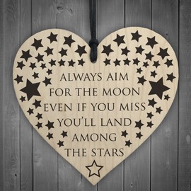 RED OCEAN Always Aim For The Moon Wooden Hanging Heart Shaped Friendship Gift Plaque Sign