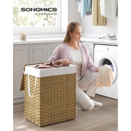 SONGMICS Laundry Hamper with Lid, 23.8 Gallon (90 L) Synthetic Rattan Clothes Laundry Basket with Lid and Handles, Foldable, Removable Liner, Goose Yellow ULCB51NL