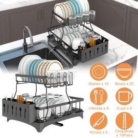 2-Tier Detachable Dish Drying Rack Drainer Organizer Set Swivel Spout Utensil Holder Drainboard Dish Rack Drainer for EfficientColor: Black Color