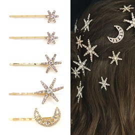 Stars and Moon Hair Bobby Pins for Women Snowflake Flower Hair Clip Alligator Crystal Rhinestone Hair Accessories for Holiday Wedding Birthday Bridal Prom Hairpin Gold