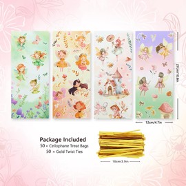 Fairy Candy Treat Bags, 50 Pcs Goodie Bags, 4 Style Beautiful Floral and Fairy Motifs Cellophane Gift Wraps with Gold Twist Ties