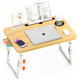 DECOSIS Laptop Bed Desk Height Adjustable, Bed Laptop Table with USB/Storage Drawer/Cup Holder/Tablet Stand/Book Shelf, Foldable Breakfast Tray Portable for Reading Writing, Bed, Sofa & Floor, Wood