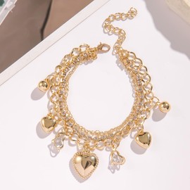 Multilayer Gold Chain Bracelet for Women Dainty Heart Beads Charms Rhinestone Link Bracelets Stake Layered Metal Link Bracelet Fashion Boho Jewelry-D0537