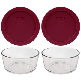 Pyrex (2) 7201 4 cup Glass Dishes & (2) 7201-PC 4 Cup Sangria Dark Red Burgundy Lids