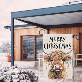 Merry Christmas Garden Flags 12x18 Vertical Double Sided Outside, Highland Cow Yard Flag Outdoor Holiday Seasonal Winter Decorations for Home
