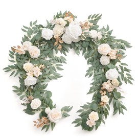 Ling's Moment Eucalyptus Garland with Flowers 6FT，Table Runner with Flowers Handcrafted Wedding Centerpieces for Rehearsal Dinner Bridal Shower | White Nude