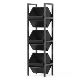 LITTLE TREE 3-Tier Basket Stand, Rustic Standing Organizer Storage Rack, Wooden Floor Stand Shelving Unit for Kitchen, Bathroom, Living Room