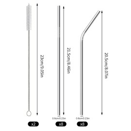 Salubohum 18 Straws Set, 215 x 6 mm Stainless Steel Straws, Reusable, Contains 16 Straws, 2 Cleaning Brushes, Easy to Clean, Suitable for Fruit Juices, Milkshake, Cocktail
