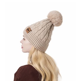 INCHOI Womens Winter Ribbed Beanie Crossed Cap Pompom Soft Warm Hat Winter Pompom Beanie Hat with Warm Fleece Lined (Polyester, Kaki)
