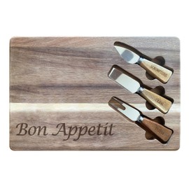 ReLIVE Engraved Wooden “Bon Appetit” Charcuterie Board & Utensil Set - 12”x16” - Includes Knives and Fork